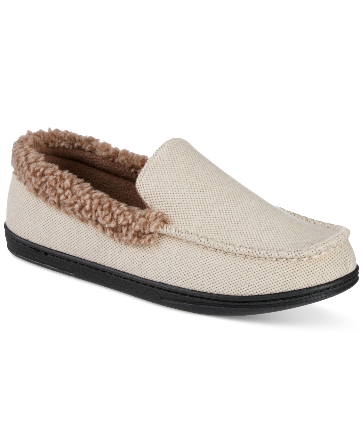Men's Brushed Knit or Plaid Lewis Moccasin Slipper with Fleece Lining and Memory Foam - Stone