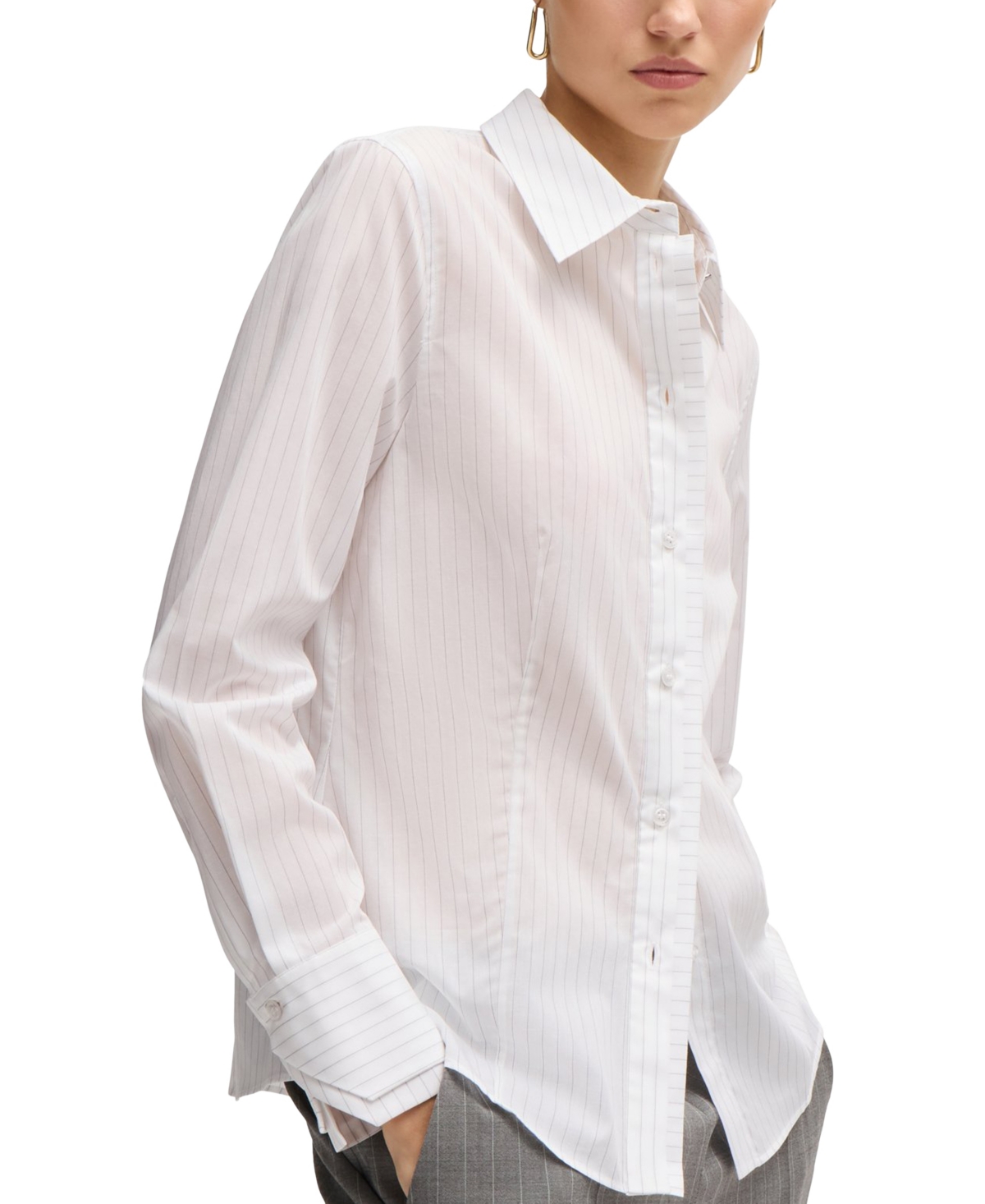 Shop Hugo Boss Boss By  Women's Pinstripe Cotton Long-sleeved Blouse In Open Misc