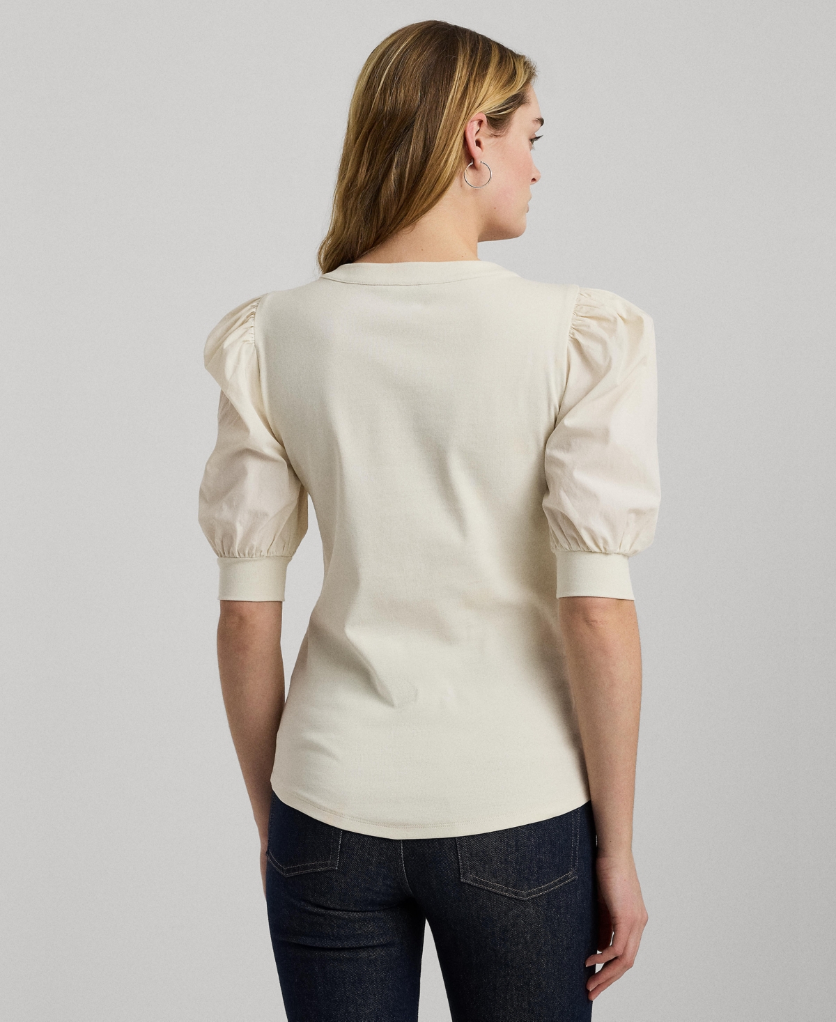 Lauren Ralph Lauren Petite Lace-Up Stretch Cotton Puff-Sleeve Top