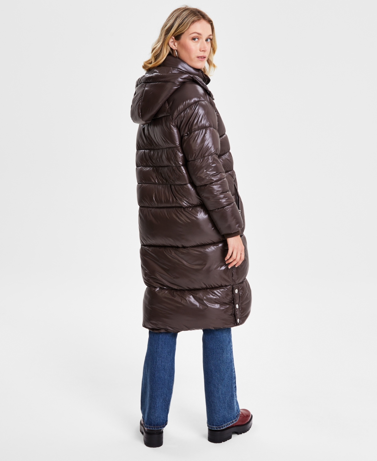 Guess Women s Shine Hooded Mid Length Puffer Coat Brown Espresso Smart Closet