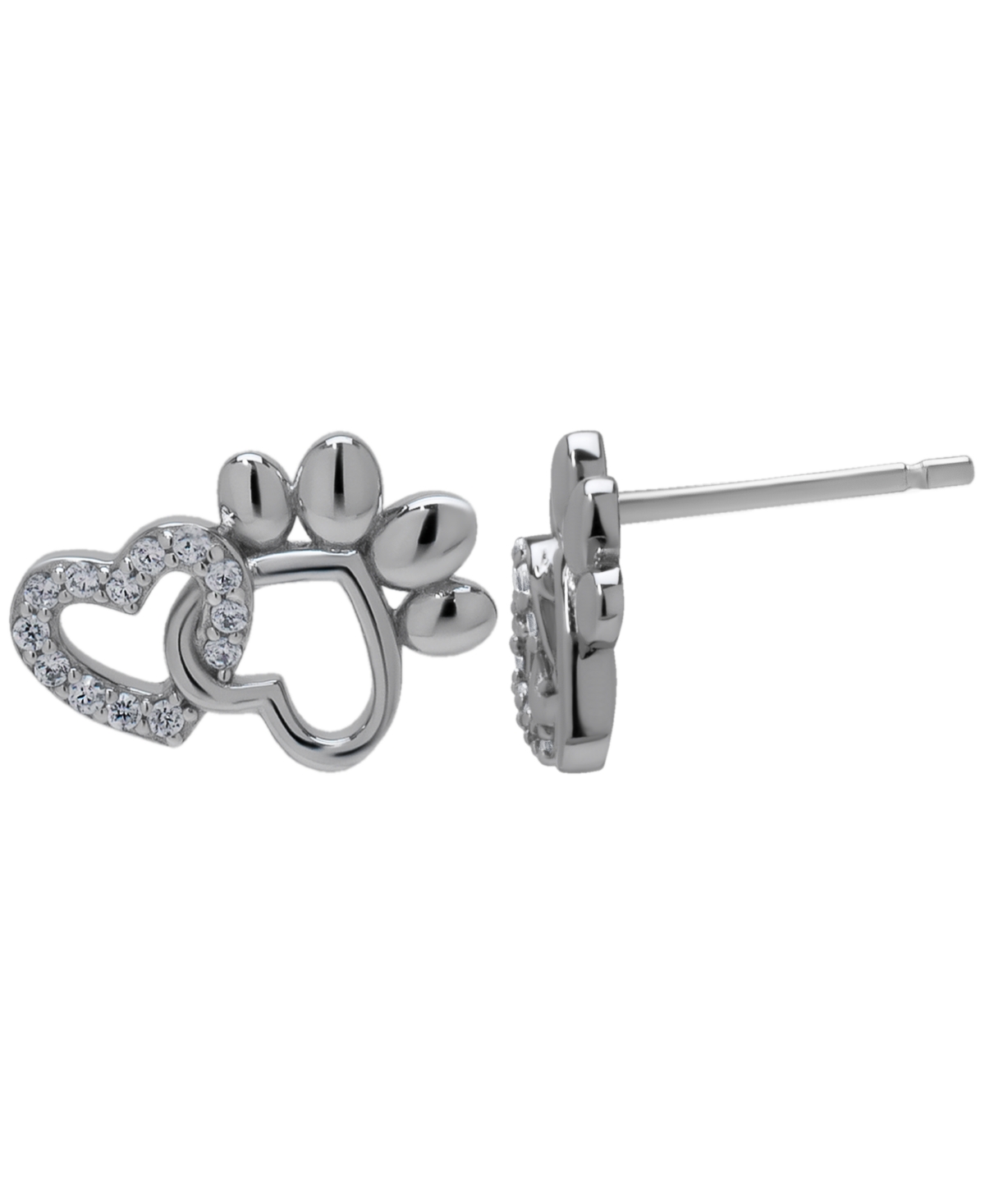Macy's Cubic Zirconia Heart And Silver Plated Paw Stud Earrings In Silver