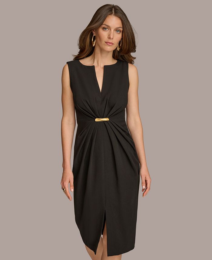 DONNA KARAN NEW YORK Womens Pink Stretch Ruched Slitted Lined Cold Shoulder Long Sleeve Asymmetrical Neckline Full-Length Evening Sheath Dress main image 1