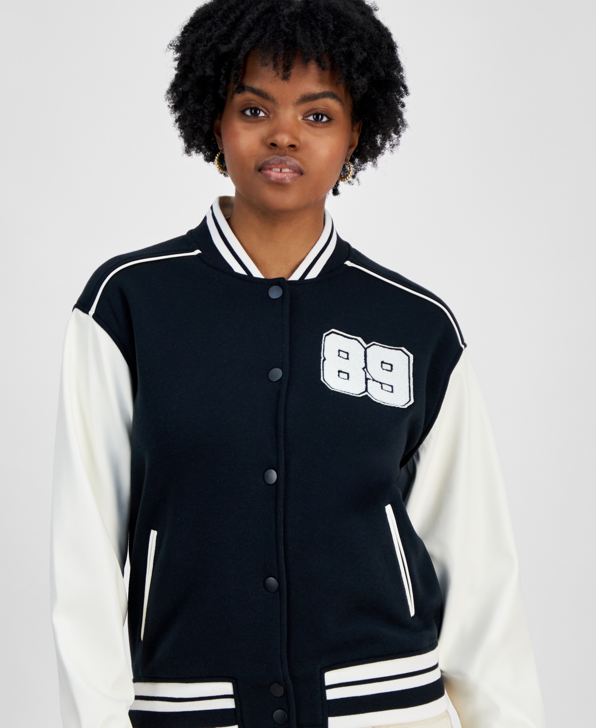 Hippie Rose Juniors' Faux-Leather-Sleeve Snap-Front Varsity Bomber Jacket -White