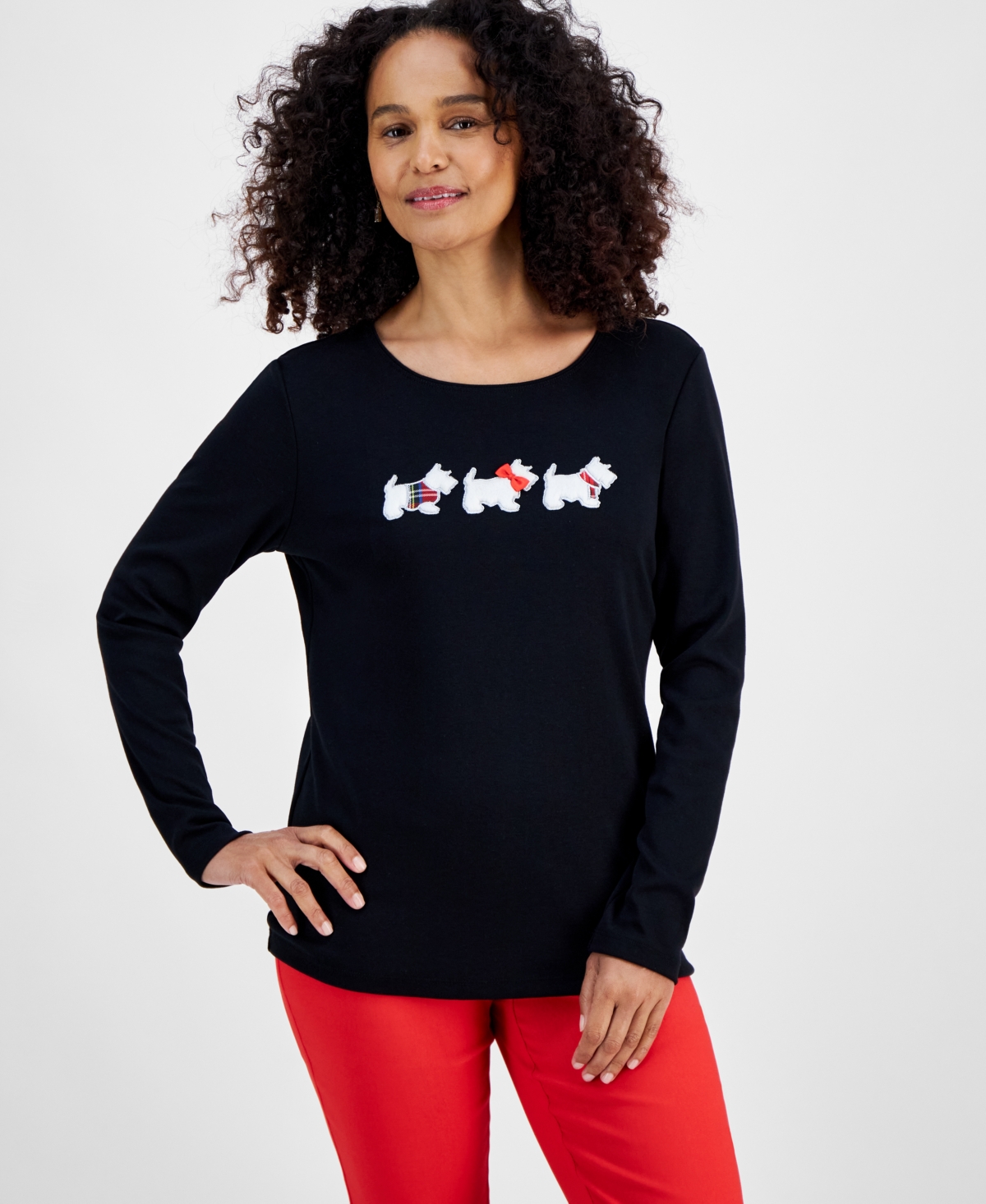Holiday Lane Women's Holiday Lane Scottie Walk Long-Sleeve Top, Created for Macy's