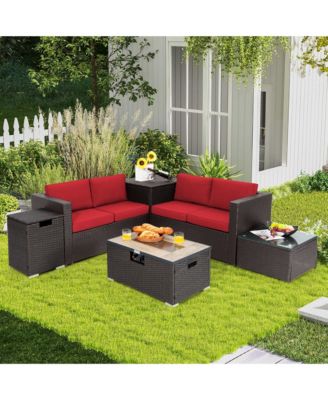 6PCS Patio Rattan Furniture Set 32'' Fire Pit Table Tank Holder with Cover