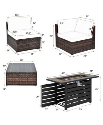 6PCS Patio Rattan Furniture Set 42'' Fire Pit Table Cover Sofa Cushion