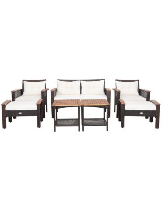 7PCS Patio Rattan Furniture Set Cushioned Loveseat Sofa Ottoman Table