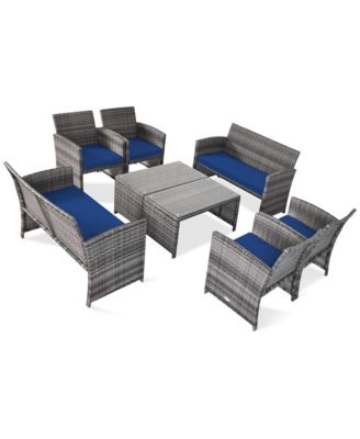 8PCS Patio Rattan Furniture Set Conversation Glass Table Top Cushioned Sofa