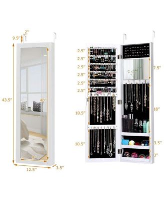 Full Length Mirror Jewelry Cabinet with Ring Slots and Necklace Hooks-White