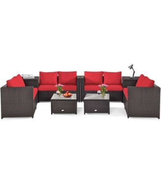 8PCS Outdoor Patio Rattan Furniture Set Cushioned Loveseat Storage Table Red