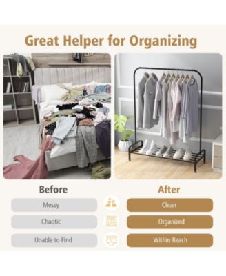 Heavy Duty Clothes Stand Rack with Top Rod and Lower Storage Shelf