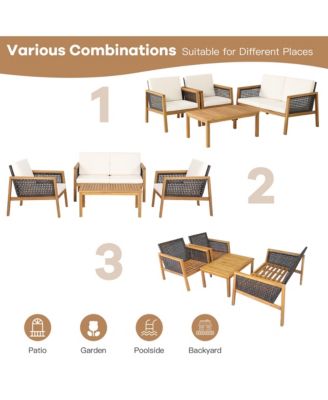 8PCS Patio Rattan Furniture Set Acacia Wood Cushioned Sofa