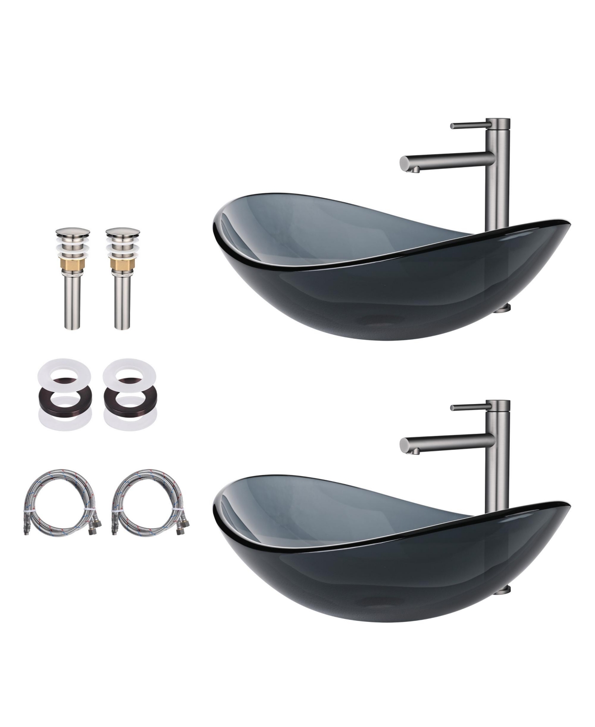 Oval Tempered Glass Vessel Sink w/ Bathroom Faucet Drain Set of 2 - Charcoal