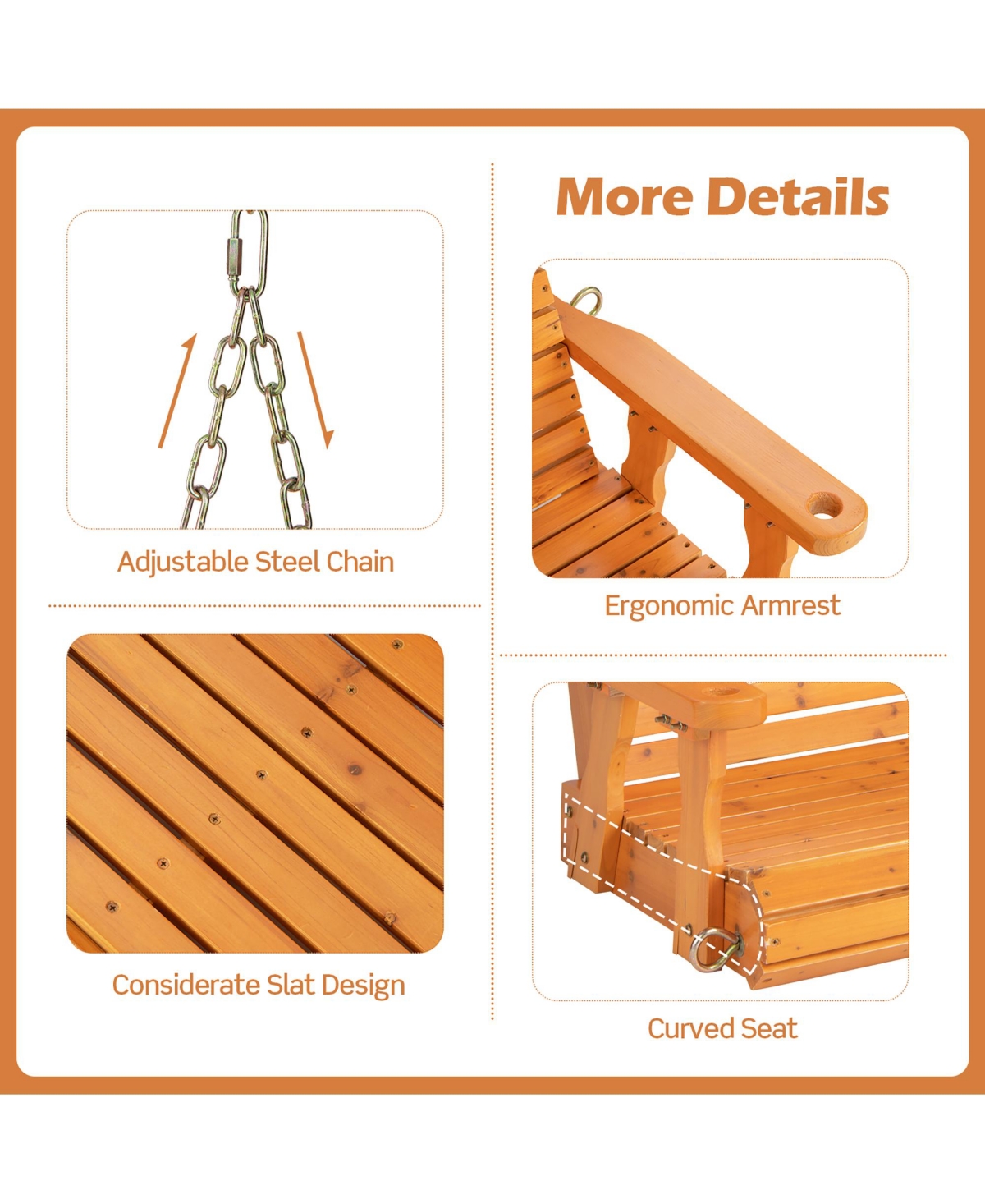 Costway Porch Swing Wood Outdoor Patio Hanging Bench Chair for Garden Backyard orange