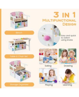 3 in 1 Kids Convertible Activity Bench with 2 Removable Fabric Bins