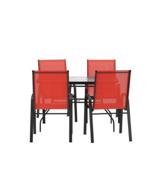 Bardwell 5 Piece Outdoor Dining Table Set For 4 With Glass-Top Patio Table And 4 Stack Chairs With Flex Comfort Material