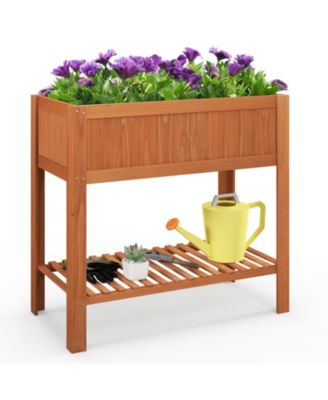 Outdoor Raised Garden Bed Fir Wood Planter Box with Bottom Storage Shelf and Protective Liner-Brown