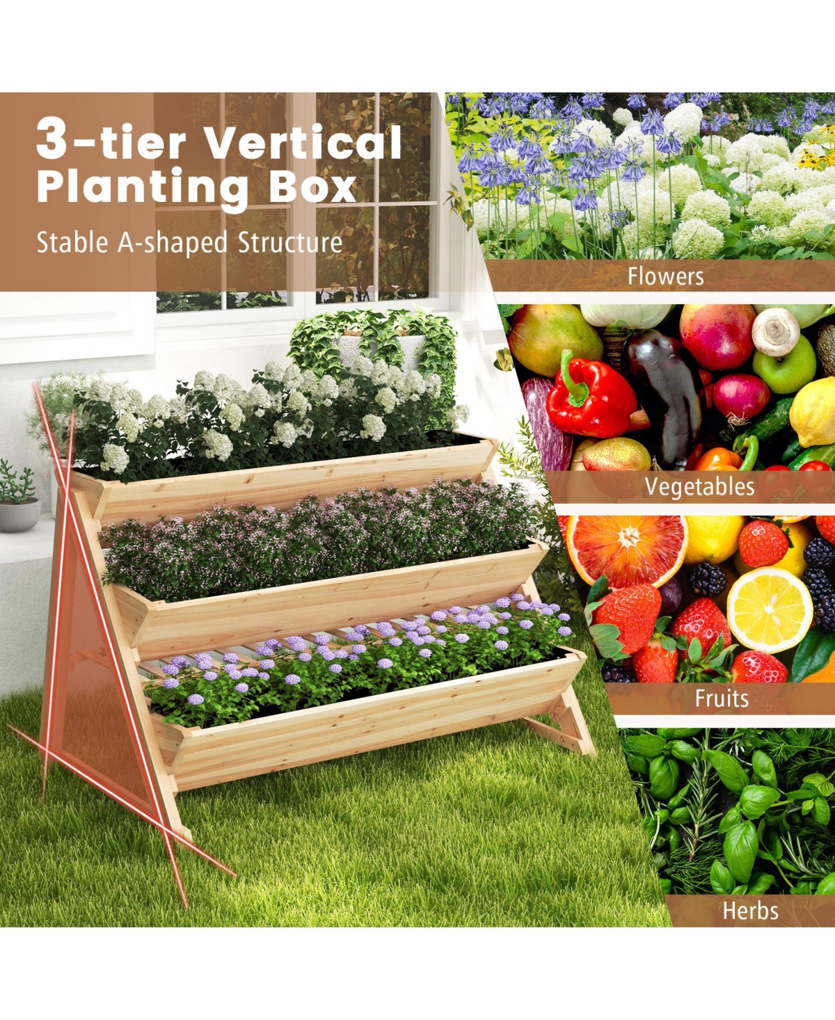 Slickblue 3-Tier Garden Bed with Storage Shelf 2 Hanging Hooks and 3 Bed Liners