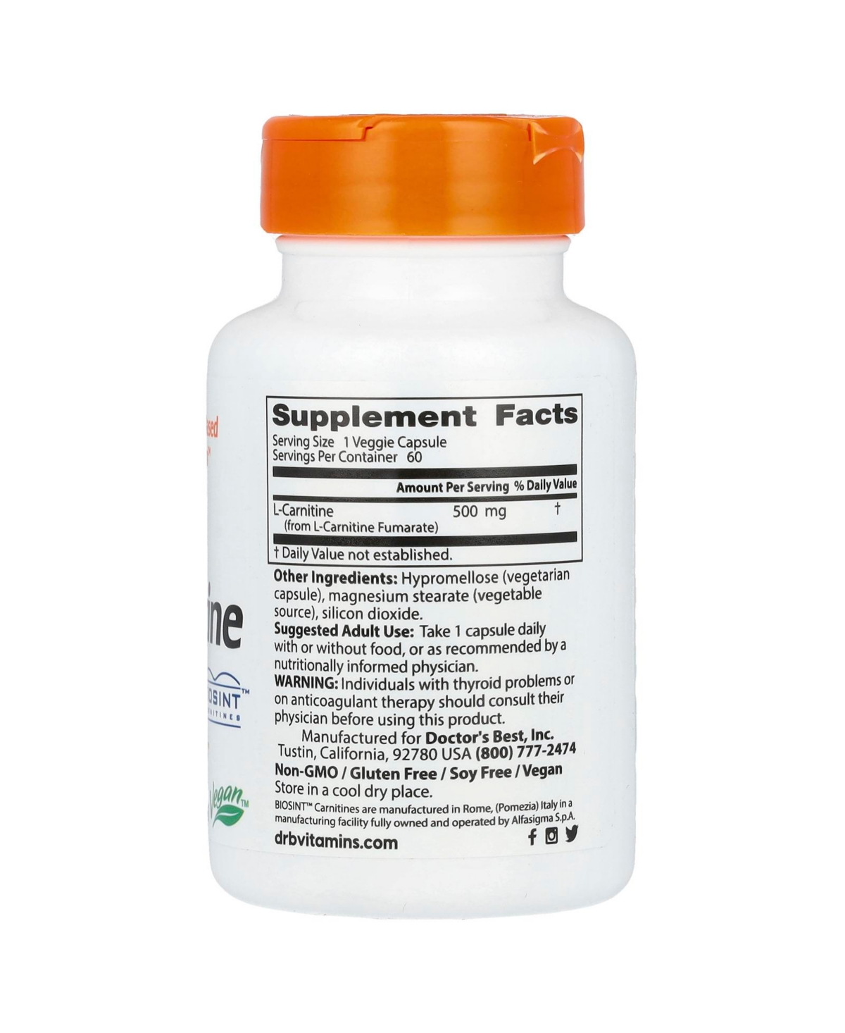 Doctor's Best L-Carnitine Fumarate, Non-gmo, Nutrition, Gluten Free, Heart Health, 855 mg