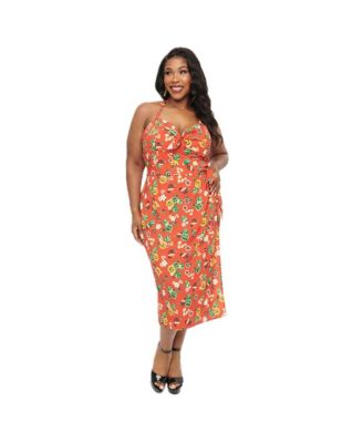 sarong halter dress Short Sarong Dress Elastic Back Retro Oasis Palms Moss / M