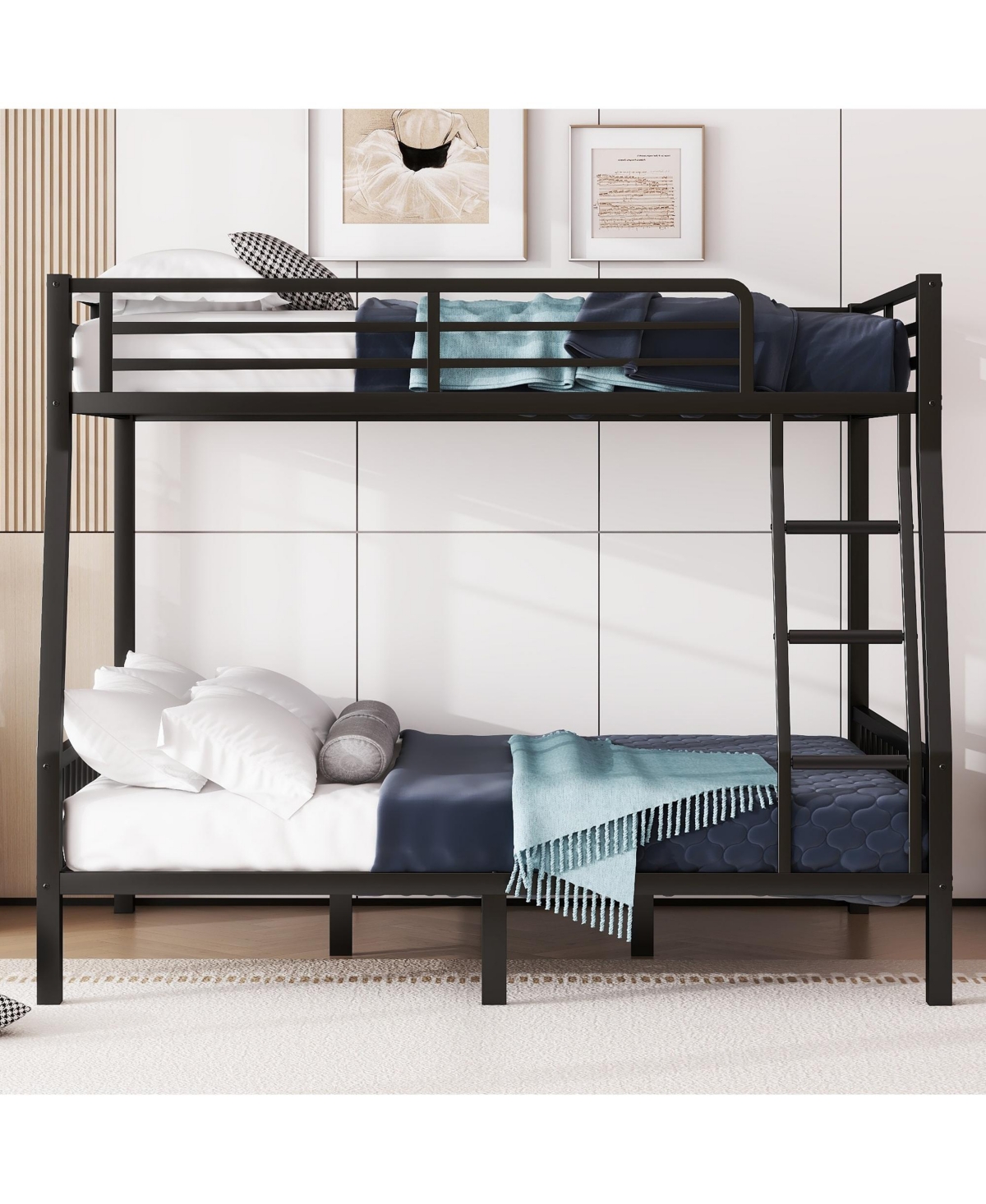 Streamdale Furniture Xl Over Queen Metal Bunk Bed with Ladder and Slats Support for Adults Teens,- Black