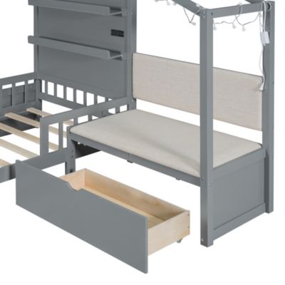 Streamdale Twin House Bed with Sofa, Charging Station, Shelves & Drawers