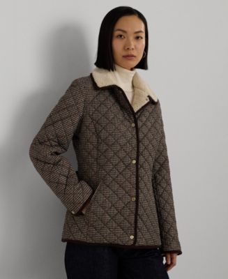 Lauren Ralph Lauren Women s Faux Sherpa Collar Quilted Coat Merlot Houndstooth Size L