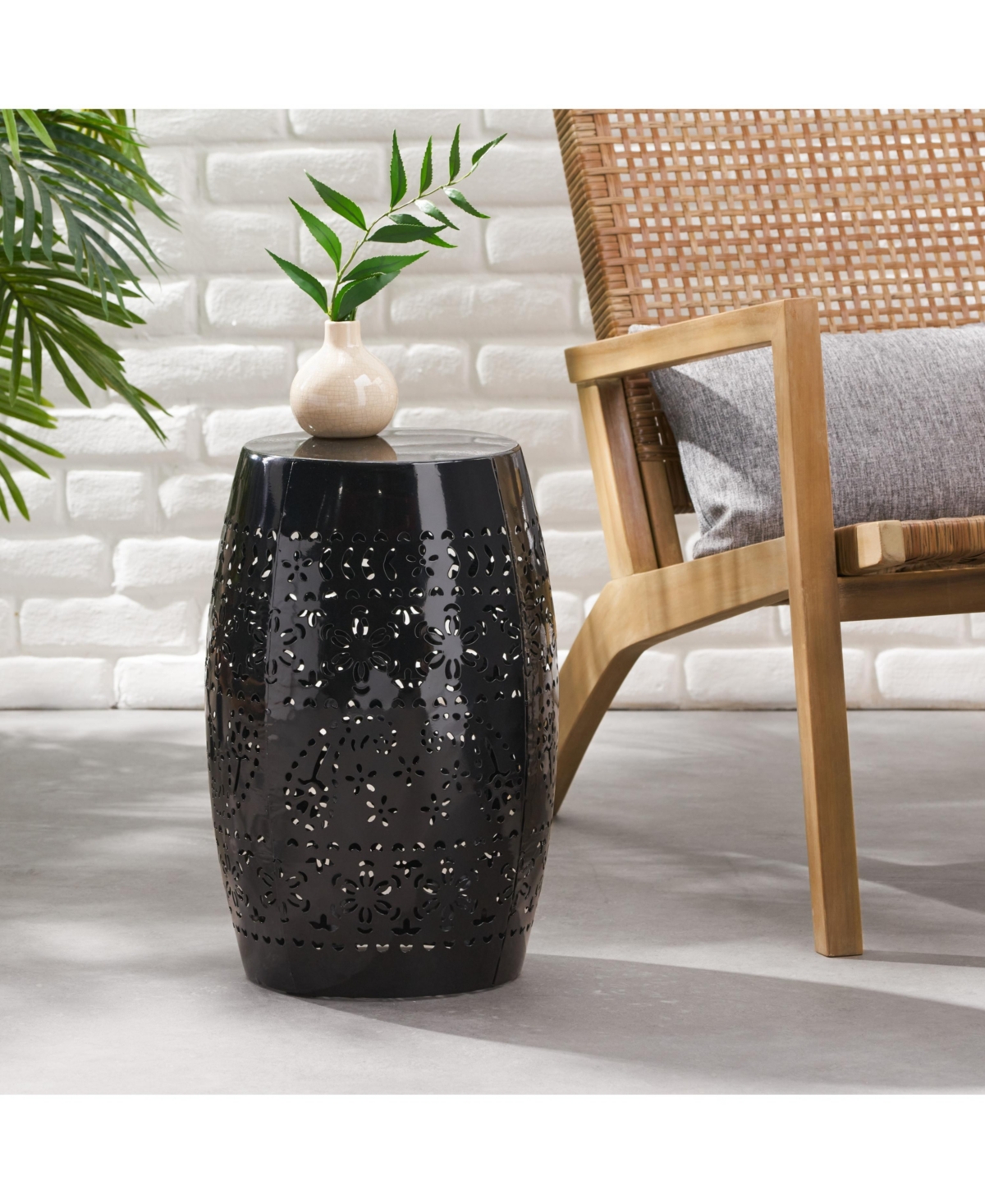 Simplie Fun Modern Barrel Side Table with Lace Cut Design