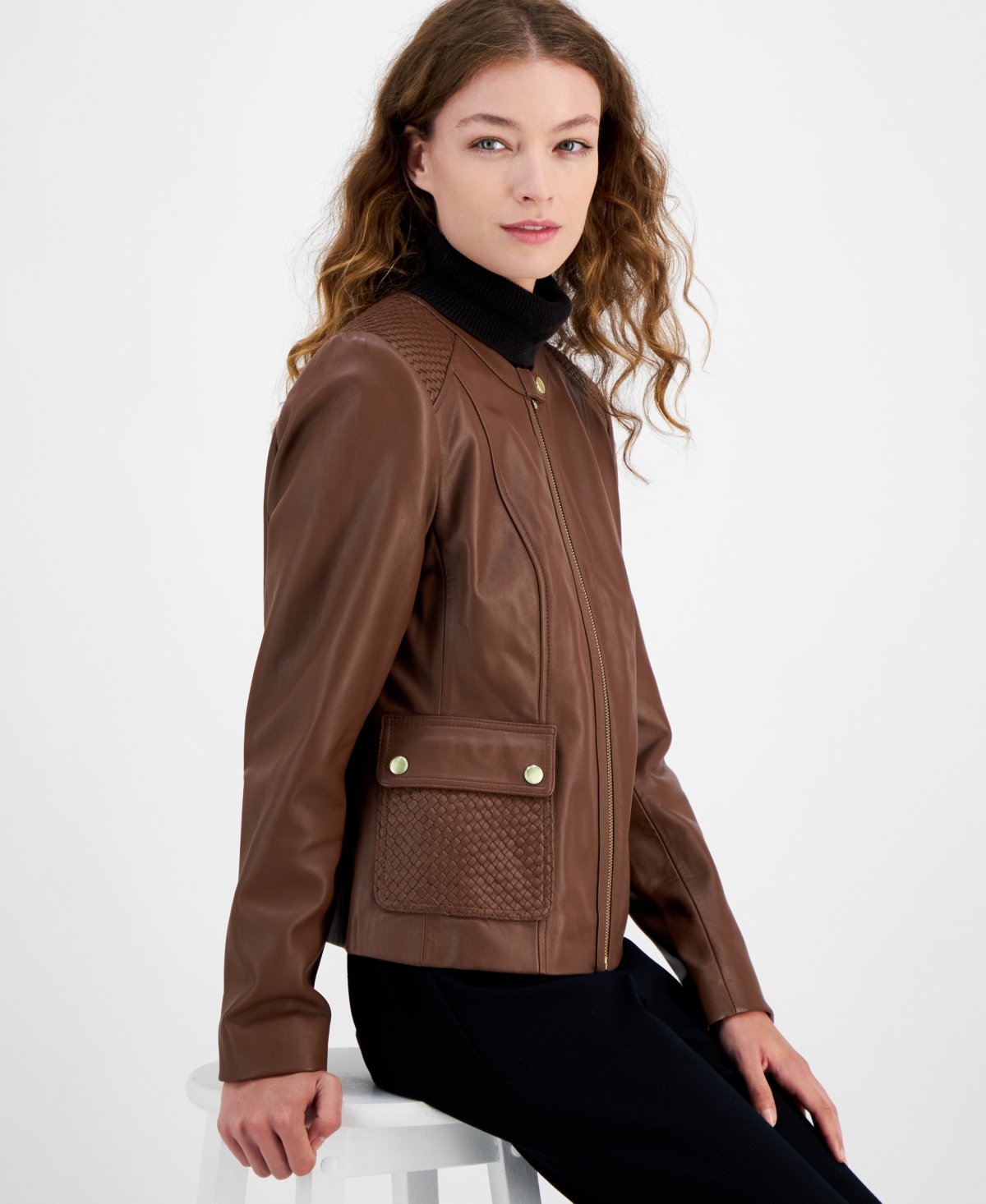 Cole Haan Women's Woven-Shoulder Zip-Front Leather Coat