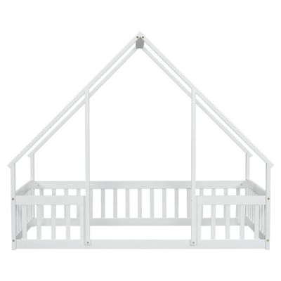 Twin Wood House-Shaped Floor Bed with Fence, Guardrails