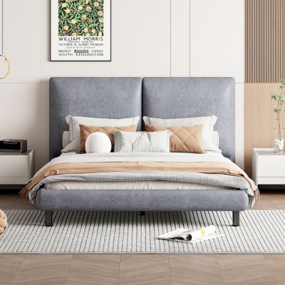 Streamdale Queen Platform Bed with Headrests, Beige Fabric