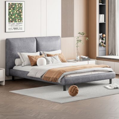 Streamdale Queen Platform Bed with Headrests, Beige Fabric