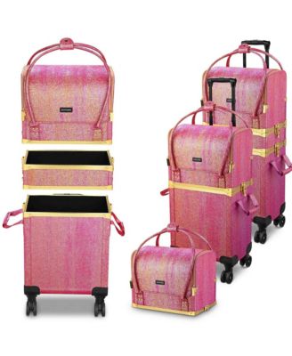 Red Gold Makeup Train Case Lockable Rolling Cosmetic Trolley Storage