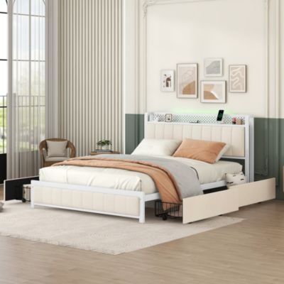 Simplie Fun Queen Bed Frame with LED Headboard, Upholstered Bed with 4 ...