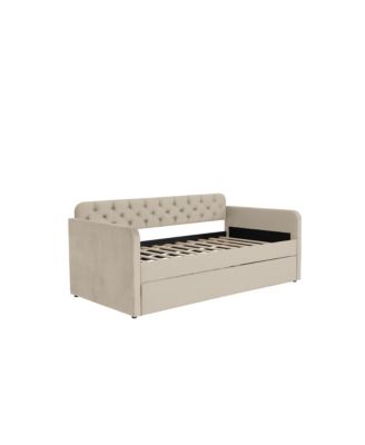 Twin Size Upholstered Daybed with Trundle and USB Charging Design, Velvet Upholstered Daybed Frame, Twin Sofa Bed for Living Room Bedroom, No Box Spring Needed, Plush velvet fabric LIGHT BEIGE 2#