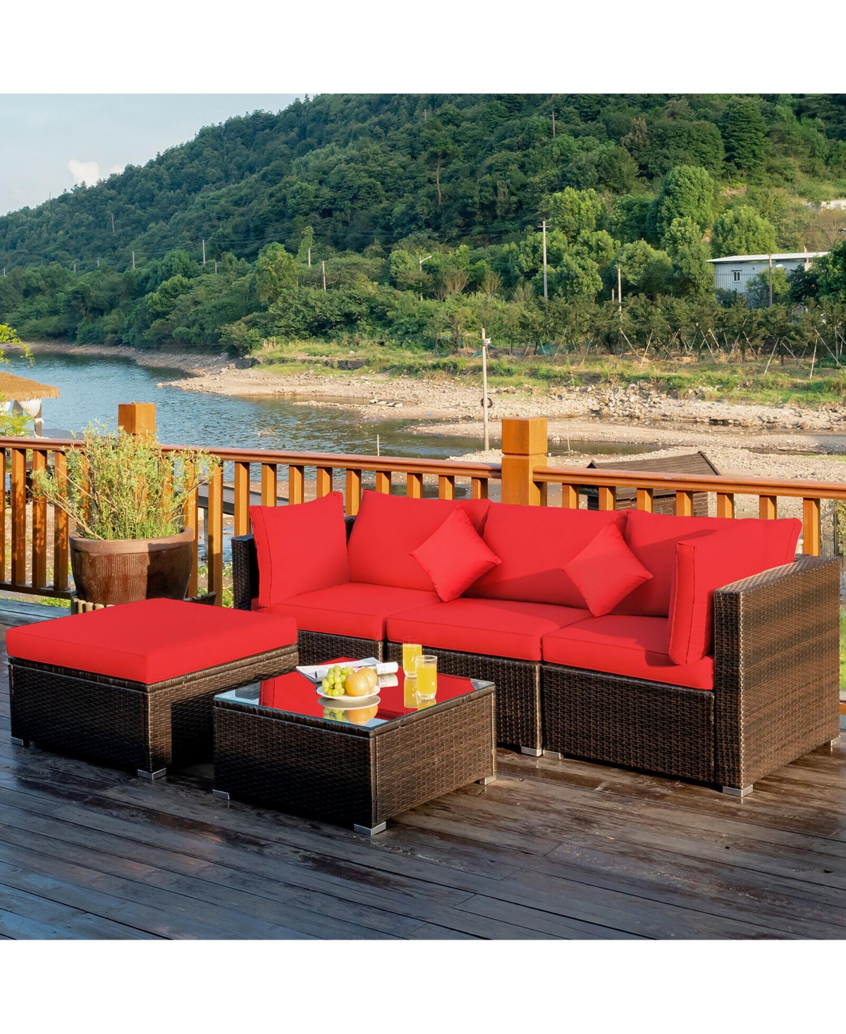Costway 5PCS Outdoor Patio Rattan Furniture Set Sectional Conversation