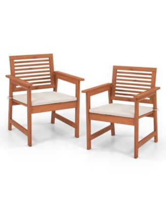 Set of 2 Patio Solid Wood Dining Chairs with Cushions and Slatted Seat