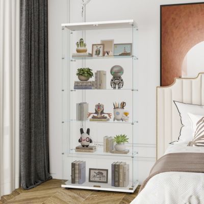 White Glass Display Cabinet with Double Doors & 5 Shelves