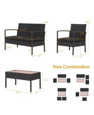 8PCS Patio Rattan Furniture Set Cushioned Chair Wooden Tabletop Black