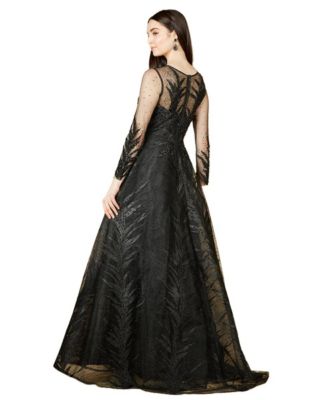 Women's High Neck Sheer Long Sleeve Embellished Gown