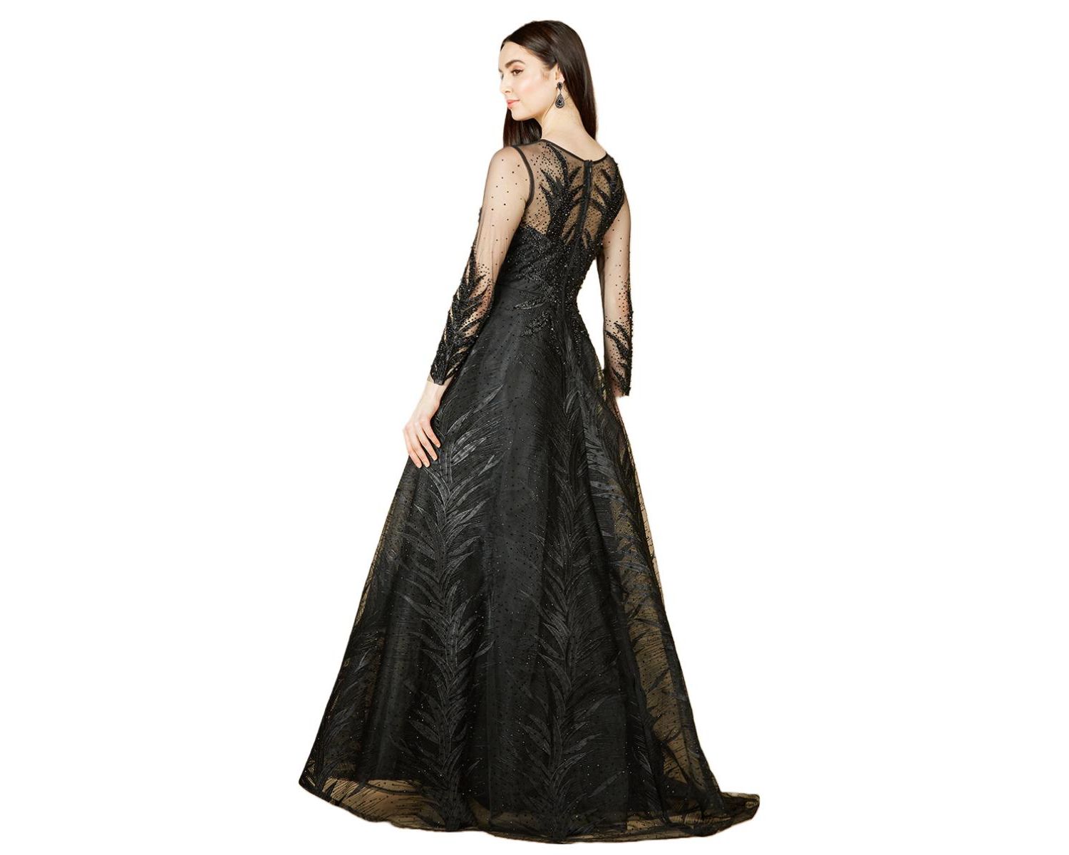 Women's High Neck Sheer Long Sleeve Embellished Gown