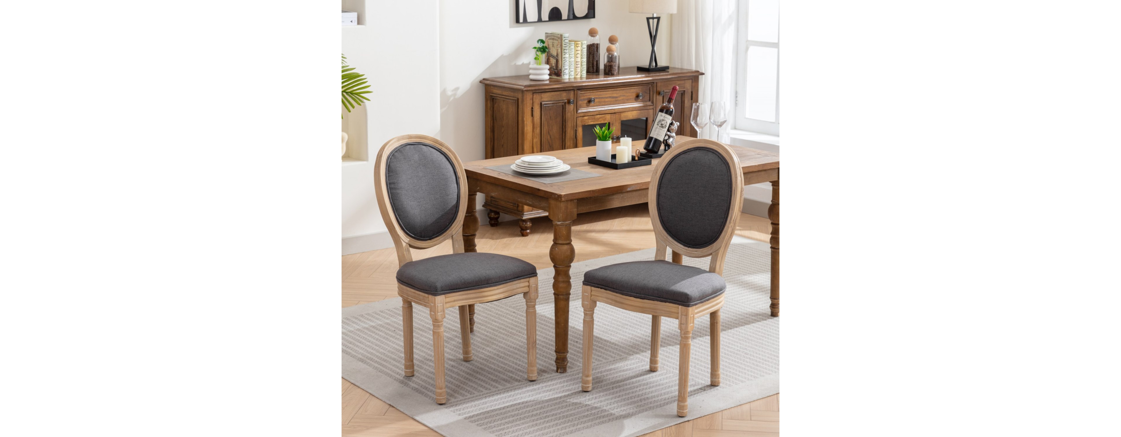 Streamdale Furniture French Style Solid Wood Frame Antique Painting Linen Fabric Back Dining Chair, Set Of 2, Dark Gray