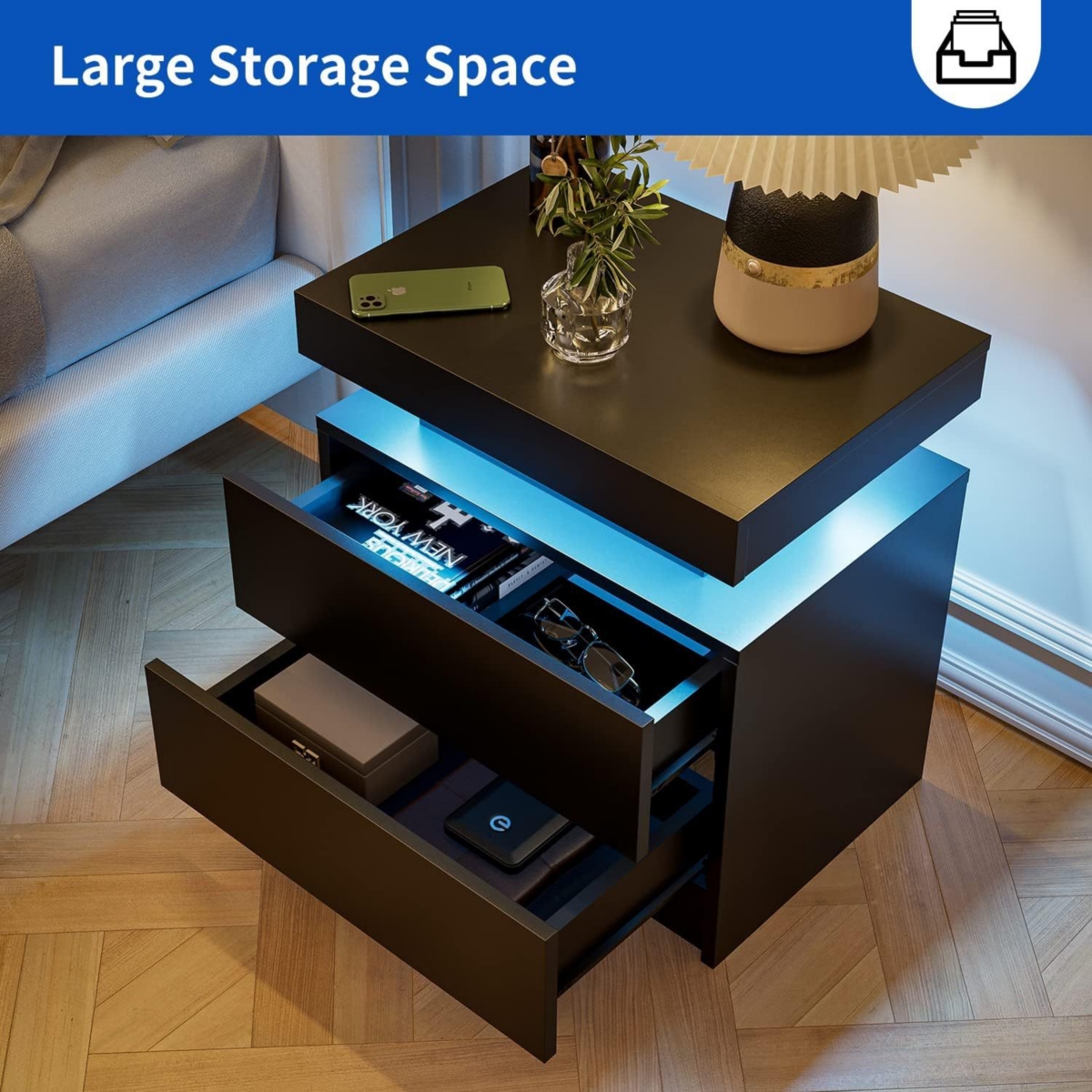 Streamdale Furniture Modern Decorative Adjustable Led Nightstand with Open Shelf and Drawers