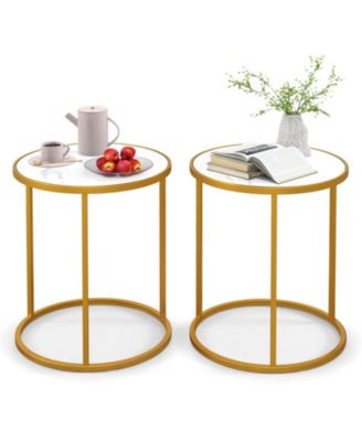 Set of 2 Round Side Tables with Marble Top and Gold Metal Frame for Living Room