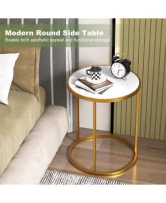 Set of 2 Round Side Tables with Marble Top and Gold Metal Frame for Living Room