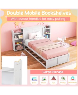 Twin Kids Wooden Platform Bed with Trundle Storage Headboard-Twin Size