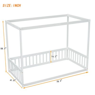 Twin Size Canopy Frame Floor Bed with Fence, Guardrails