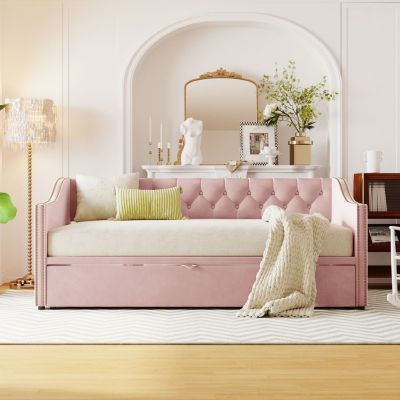 Streamdale Twin Size Upholstered daybed with Pop Up Trundle, Beige