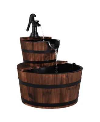 2-Tiers Outdoor Wooden Barrel Waterfall Fountain with Pump
