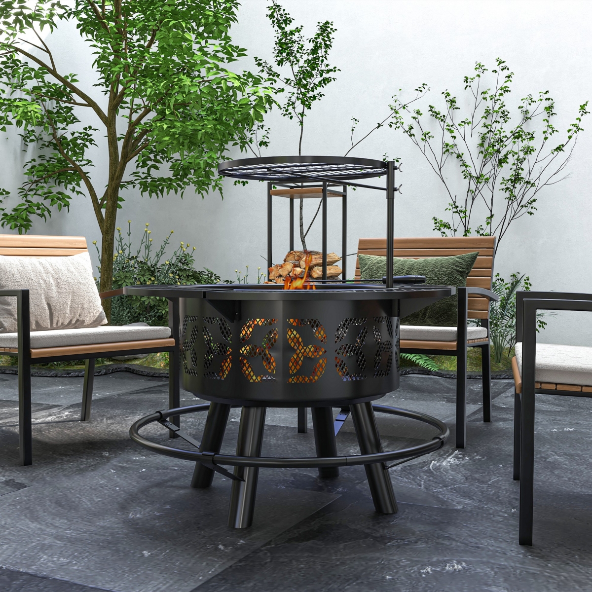 Outsunny Fire Pit Bbq Grill with Poker, Wood Burning Firepit,- Black
